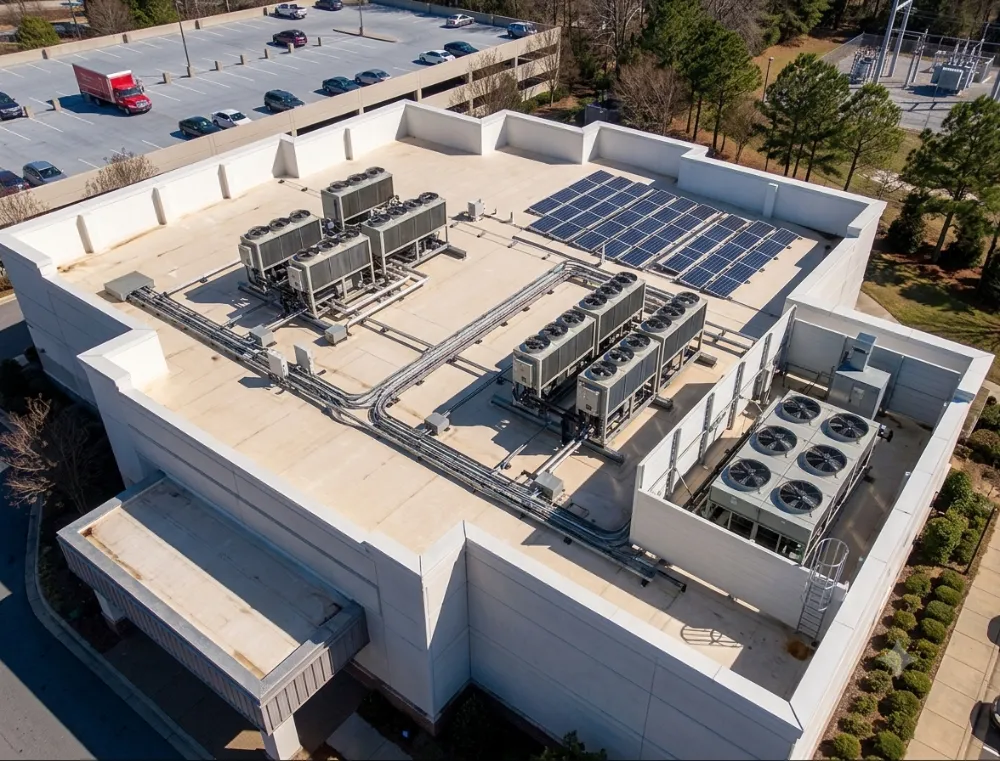 Aerial view of a commercial flat roof with HVAC and solar panels