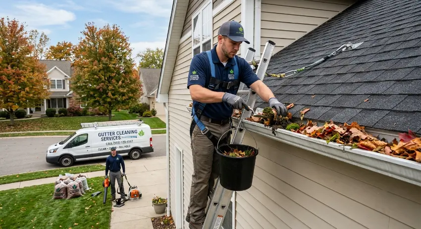 Technician installing gutters on a ladder