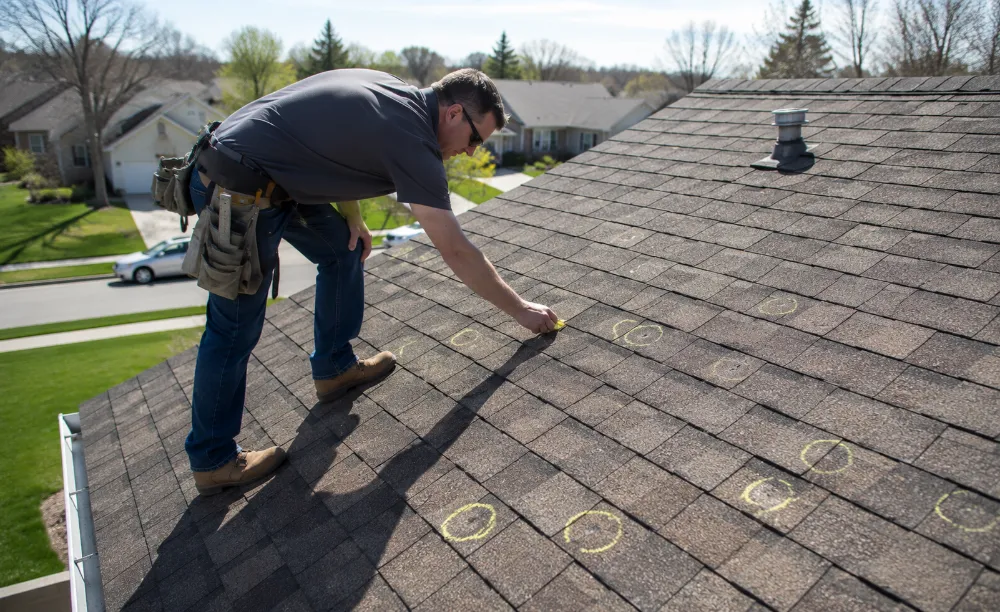 Technician marking damaged shingles during a roof inspection
