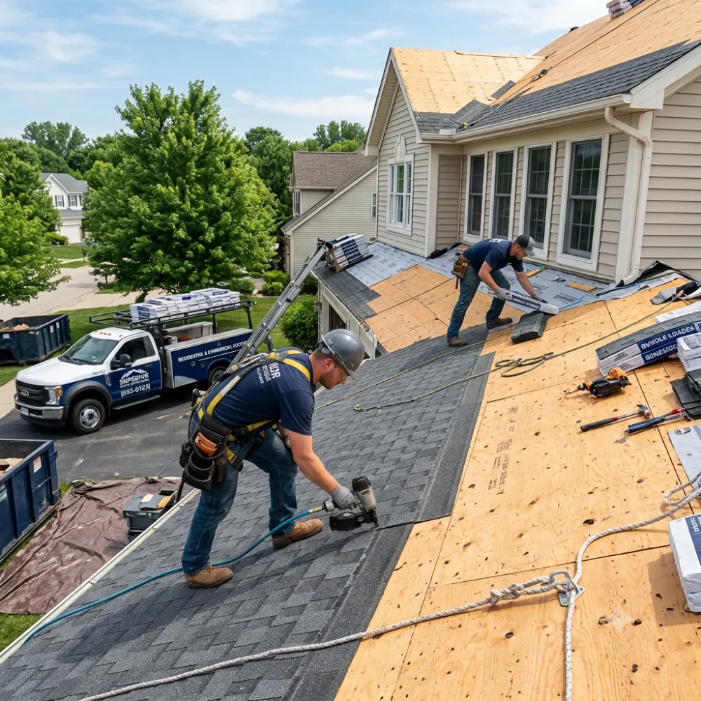 R&R Roofing crew installing new shingles during a job