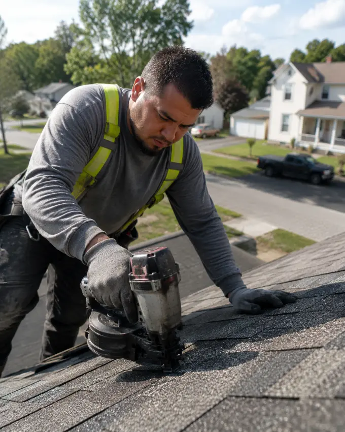 R&R Roofing crew member using a nail gun to install shingles